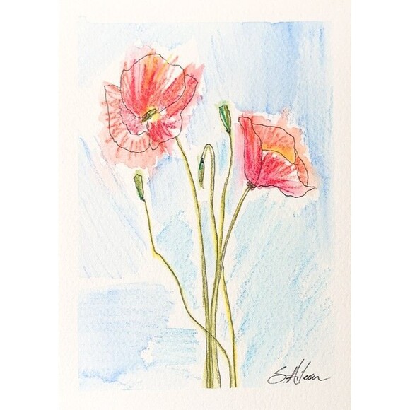 Watercolor Painting Expressive Floral Poppies Blue Sky Impressionist Signed 5x7 - Picture 1 of 2